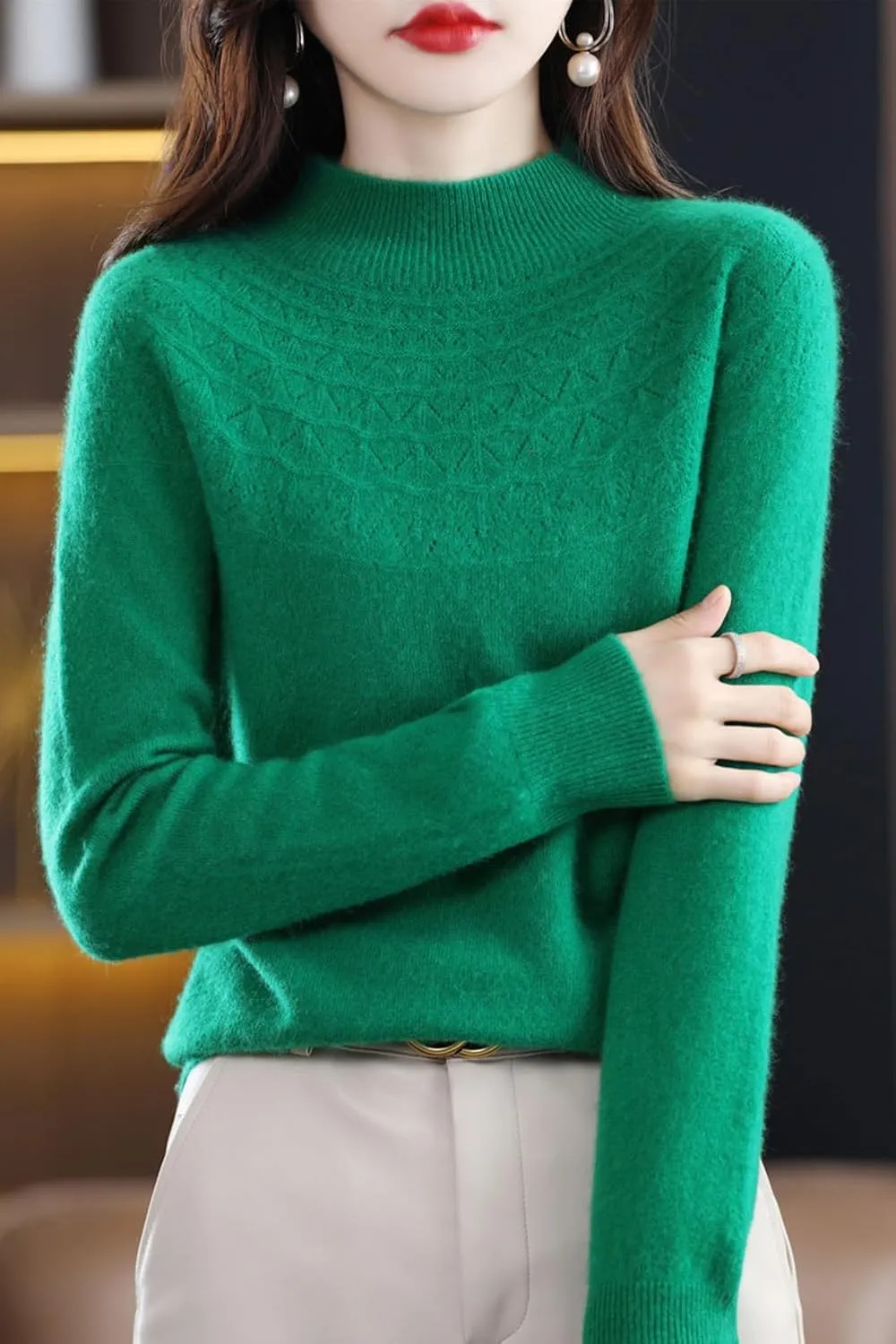 100% Merino Wool Sweaters Women's Fall Winter Warm Soft Knitted Loose Pullover Turtleneck Long Sleeves