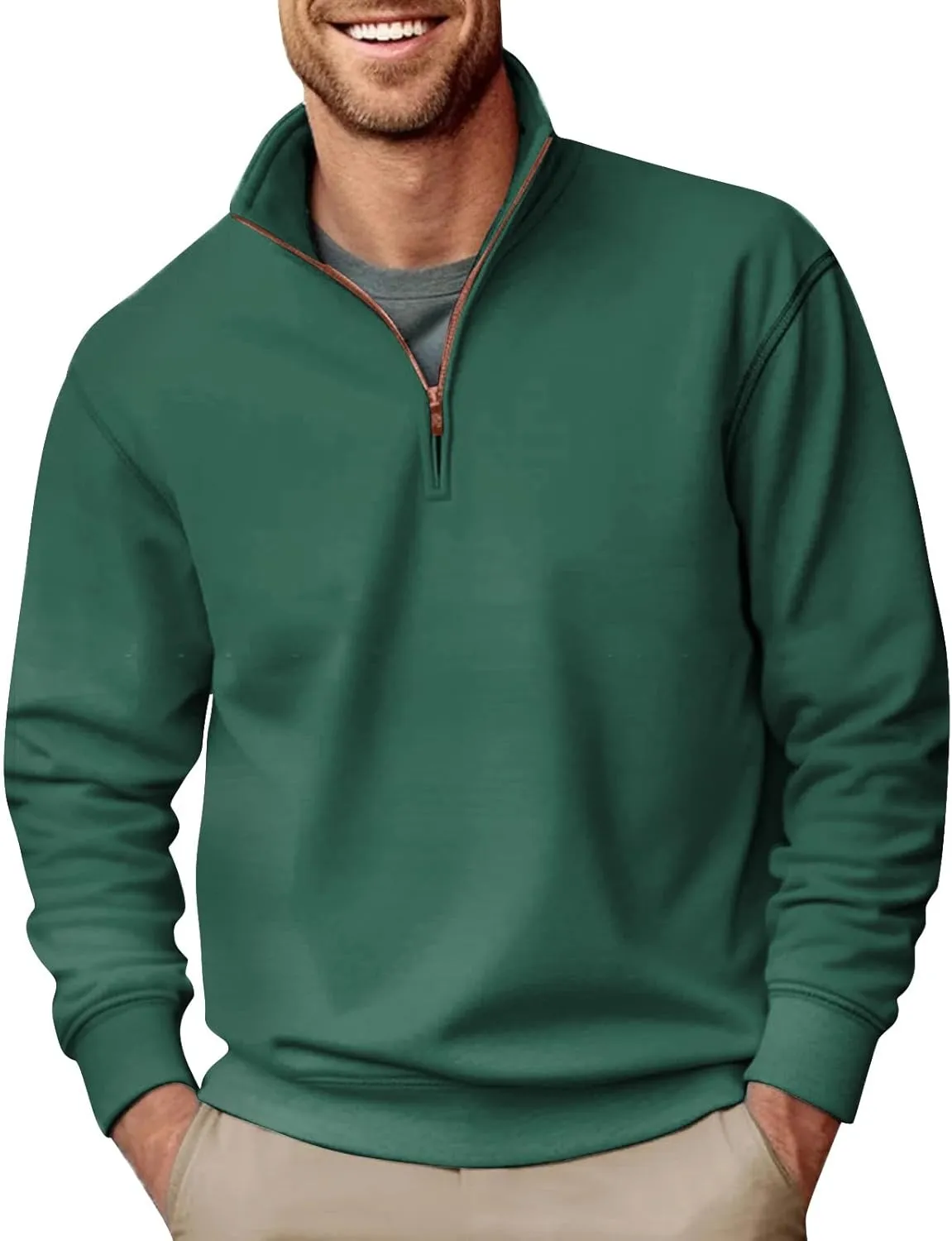 2024 Men's 3/4 Zip Pullover Long Sleeved Fashion Slim Fit Top High Collar Cotton Sweatshirt Lightweight Workout Shirt