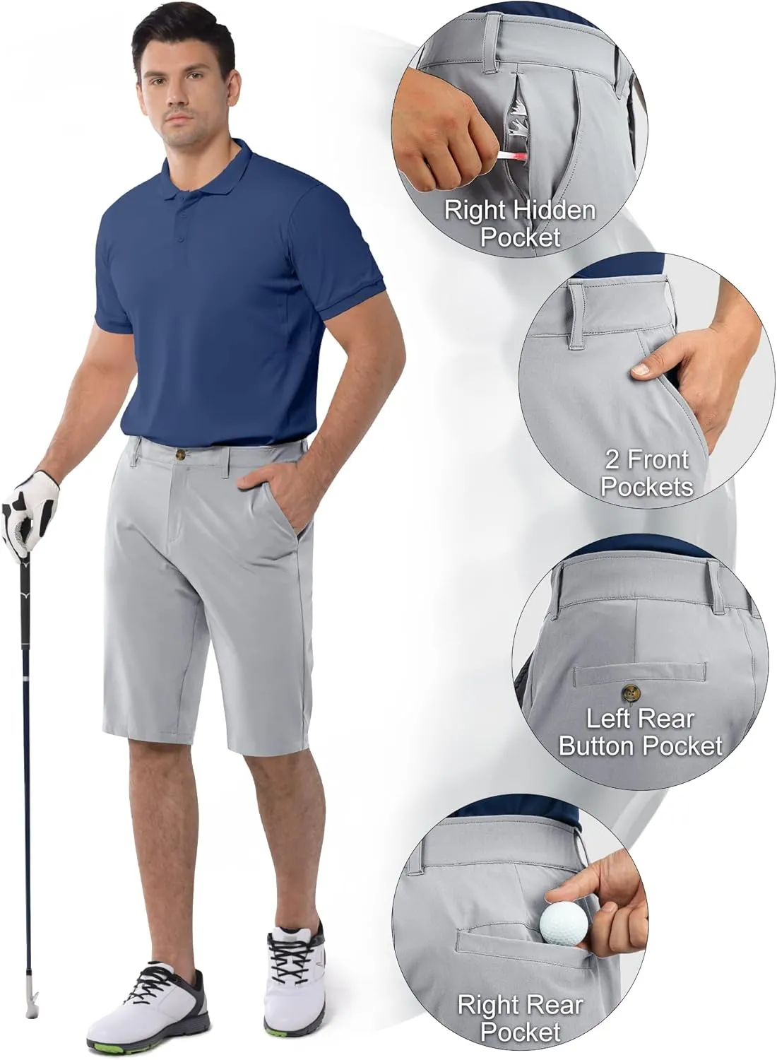 33,000ft Men's Golf Shorts Dry Fit, Lightweight Quick Dry Golf Stretch Shorts with Pockets 11" Inseam for Travel Casual