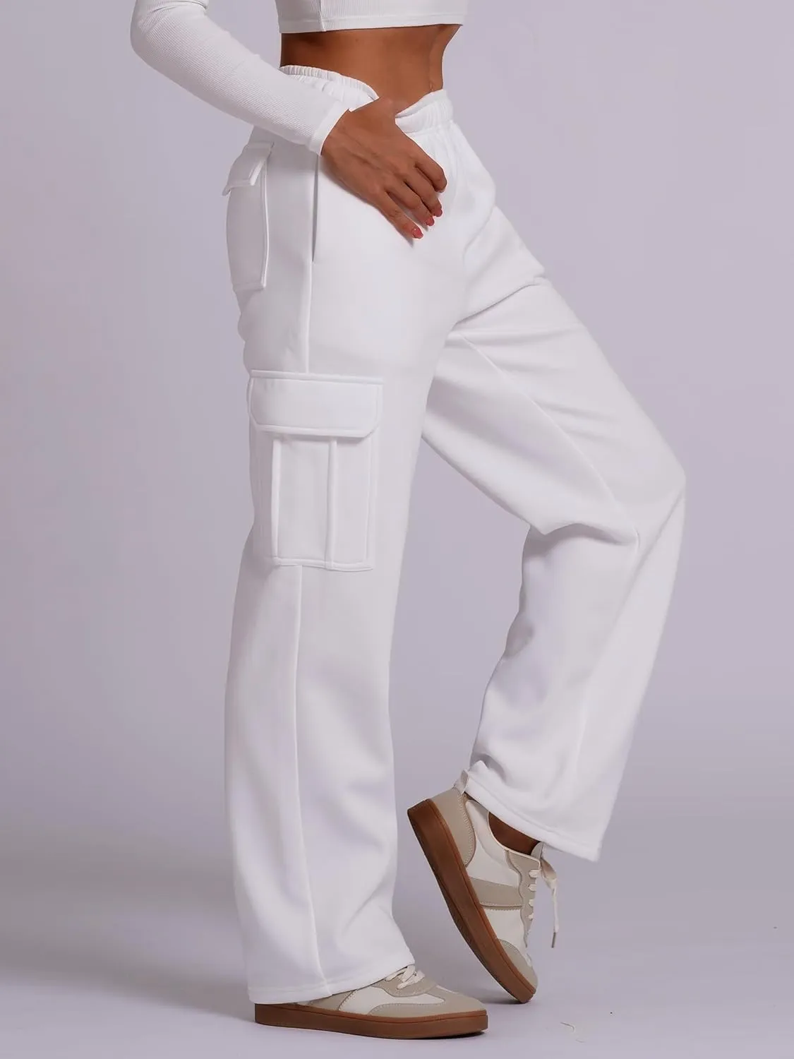 ABOCIW Womens Cargo Sweatpants Fleece Wide Leg Sweat Pants High Waisted Baggy Athletic Joggers Pants with Pockets