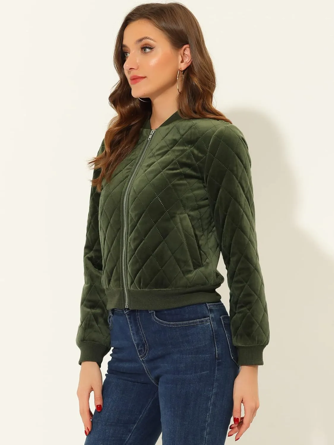 Allegra K Women's Zip Up Jacket Long Sleeve Velvet Surface Diamond Quilted Bomber Jackets