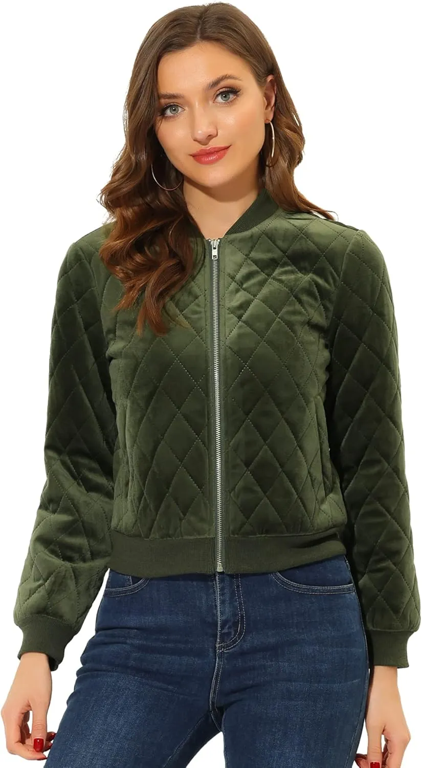 Allegra K Women's Zip Up Jacket Long Sleeve Velvet Surface Diamond Quilted Bomber Jackets