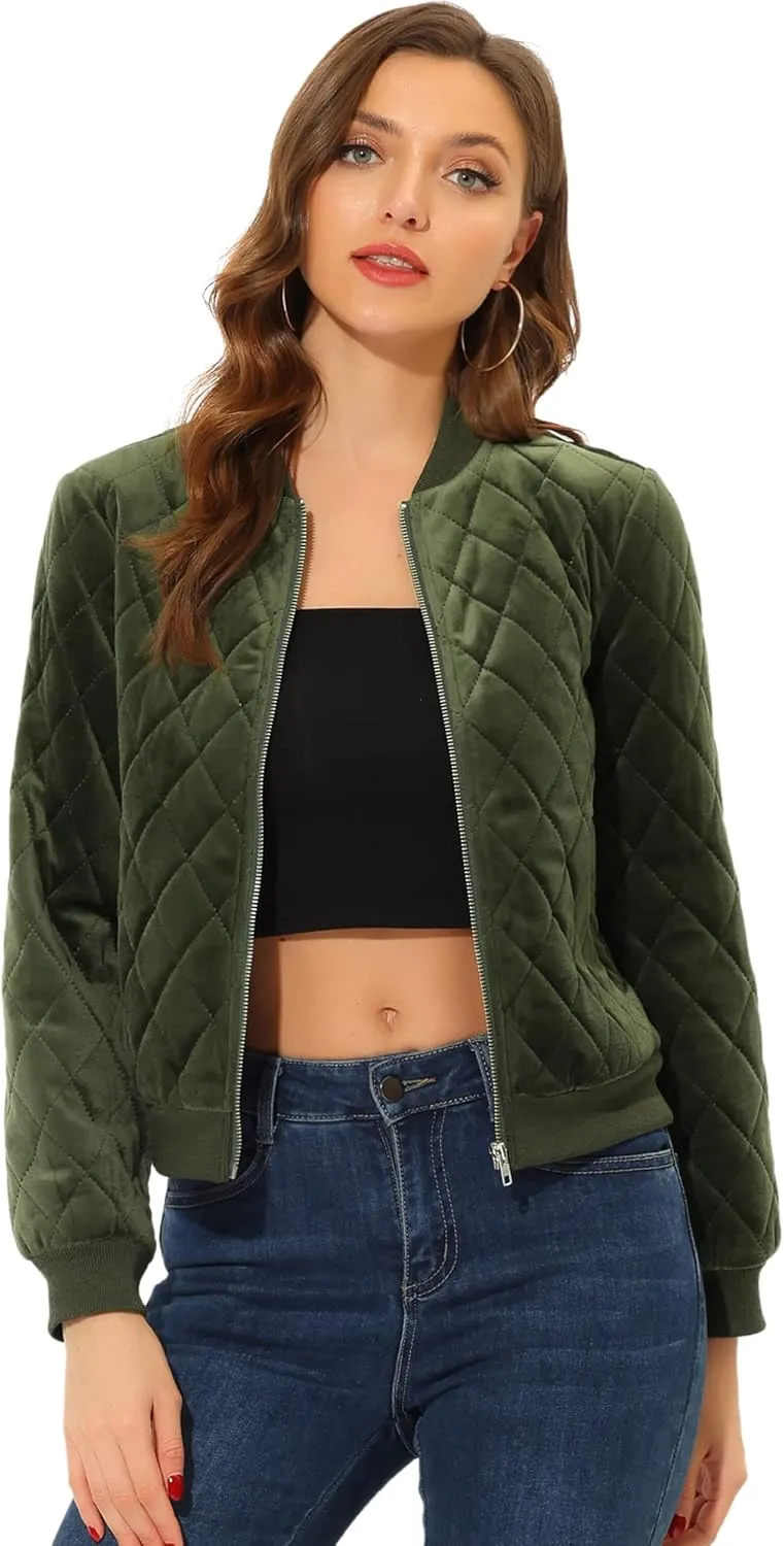 Allegra K Women's Zip Up Jacket Long Sleeve Velvet Surface Diamond Quilted Bomber Jackets