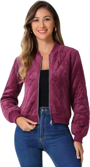 Allegra K Women's Zip Up Jacket Long Sleeve Velvet Surface Diamond Quilted Bomber Jackets