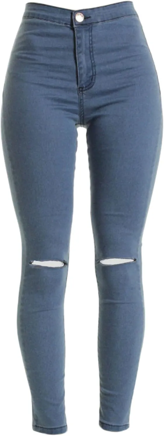 Andongnywell Stretch Knee Ripped Denim Pants New Apparel high Waisted Skinny Hole Jeans Destroyed Thin Slim Trousers