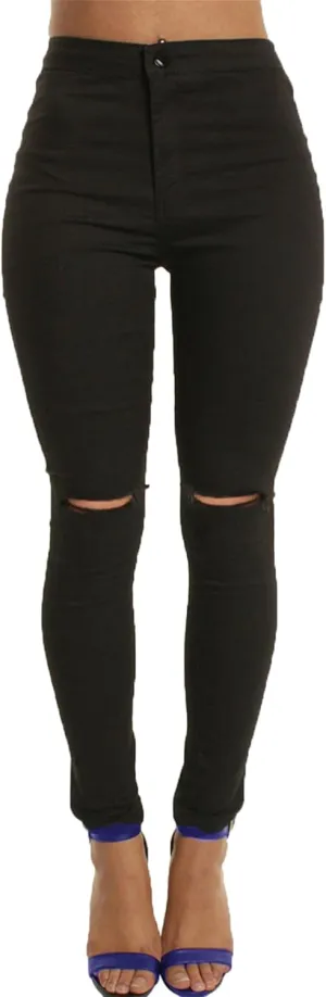 Andongnywell Stretch Knee Ripped Denim Pants New Apparel high Waisted Skinny Hole Jeans Destroyed Thin Slim Trousers