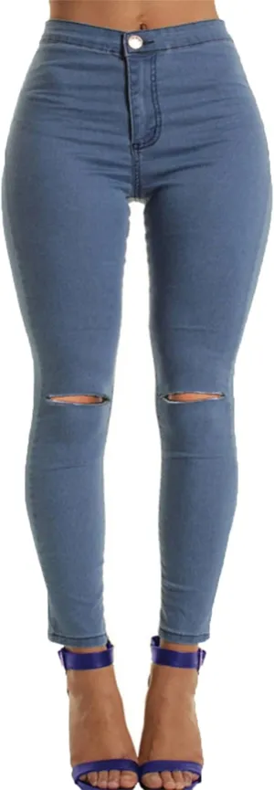 Andongnywell Stretch Knee Ripped Denim Pants New Apparel high Waisted Skinny Hole Jeans Destroyed Thin Slim Trousers