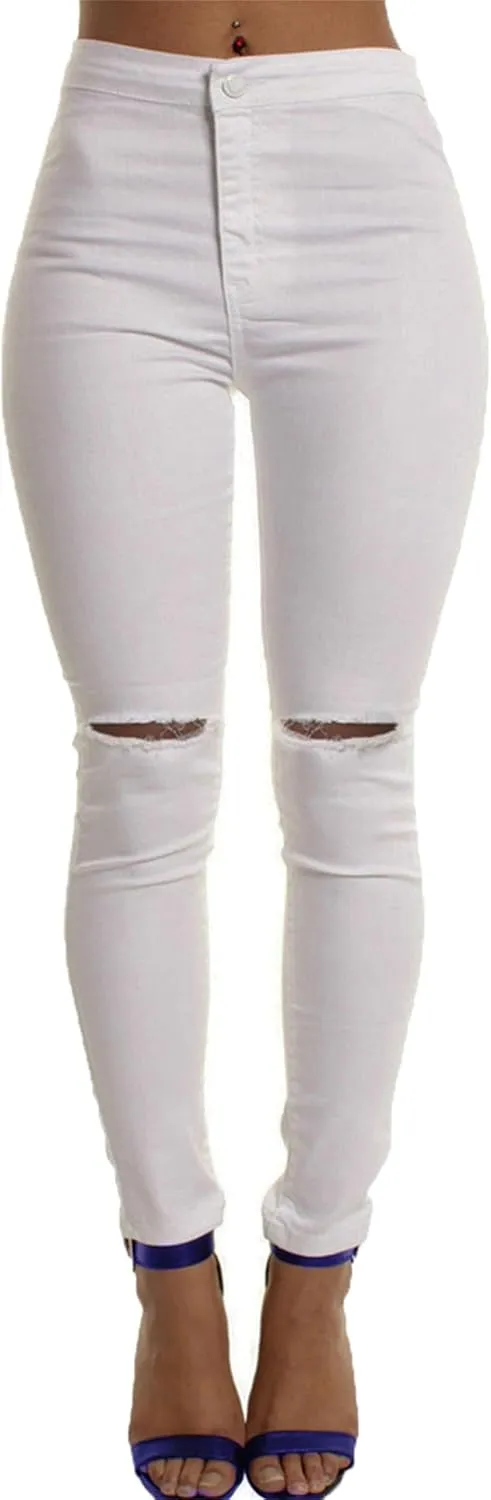 Andongnywell Stretch Knee Ripped Denim Pants New Apparel high Waisted Skinny Hole Jeans Destroyed Thin Slim Trousers