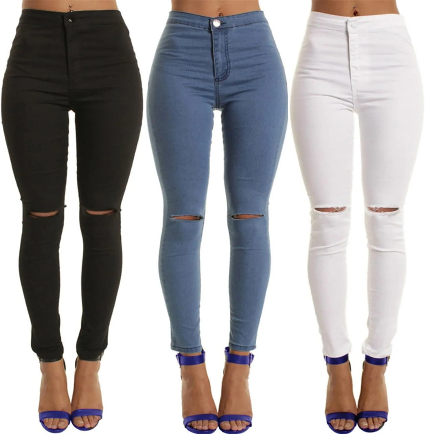 Andongnywell Stretch Knee Ripped Denim Pants New Apparel high Waisted Skinny Hole Jeans Destroyed Thin Slim Trousers
