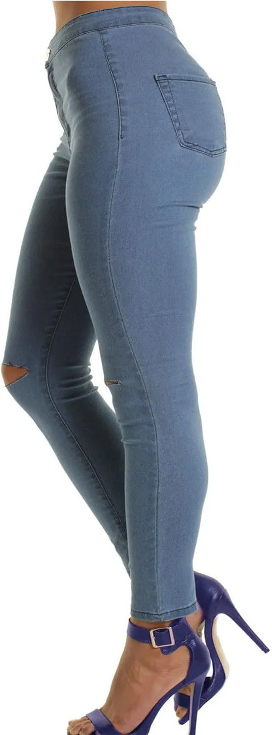 Andongnywell Stretch Knee Ripped Denim Pants New Apparel high Waisted Skinny Hole Jeans Destroyed Thin Slim Trousers