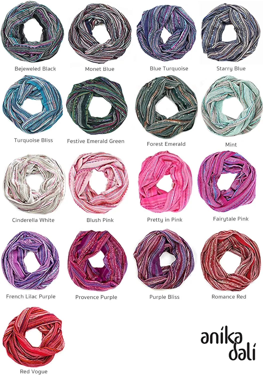 Anika Dali (15 Colors) Shimmer Sparkle Infinity Scarf, Women's Festival Bliss Lightweight Fashion Shawl