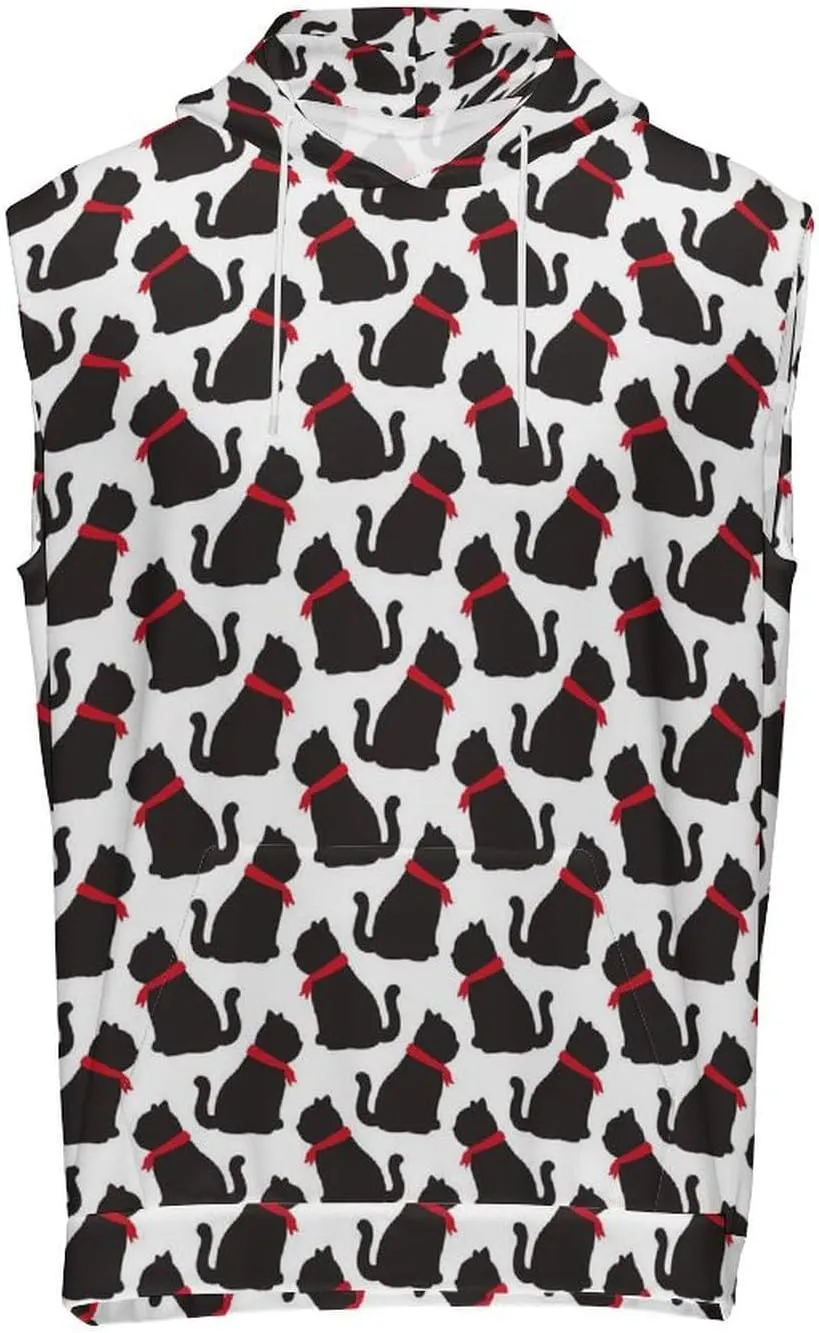 Black Cat Pattern Men's Workout Tank Tops Sleeveless Running Shirts With Hoodie Workout Hooded