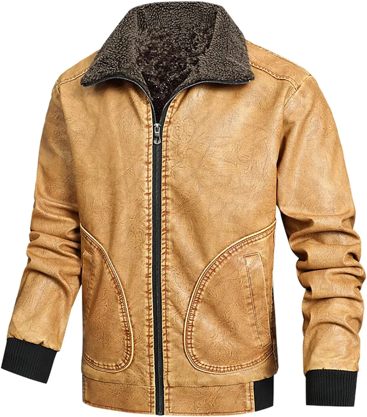 Black Leather Jacket Men Motorcycle Winter Warm Sherpa Lined Zip-Up Slim Fit Biker Coat Bomber Jackets Outwear