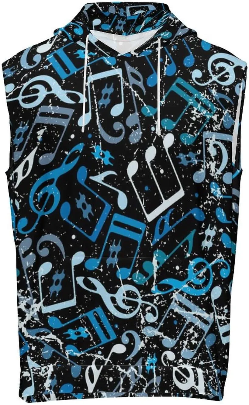 Blue Musical Notes Men's Workout Tank Tops Sleeveless Running Shirts With Hoodie Workout Hooded