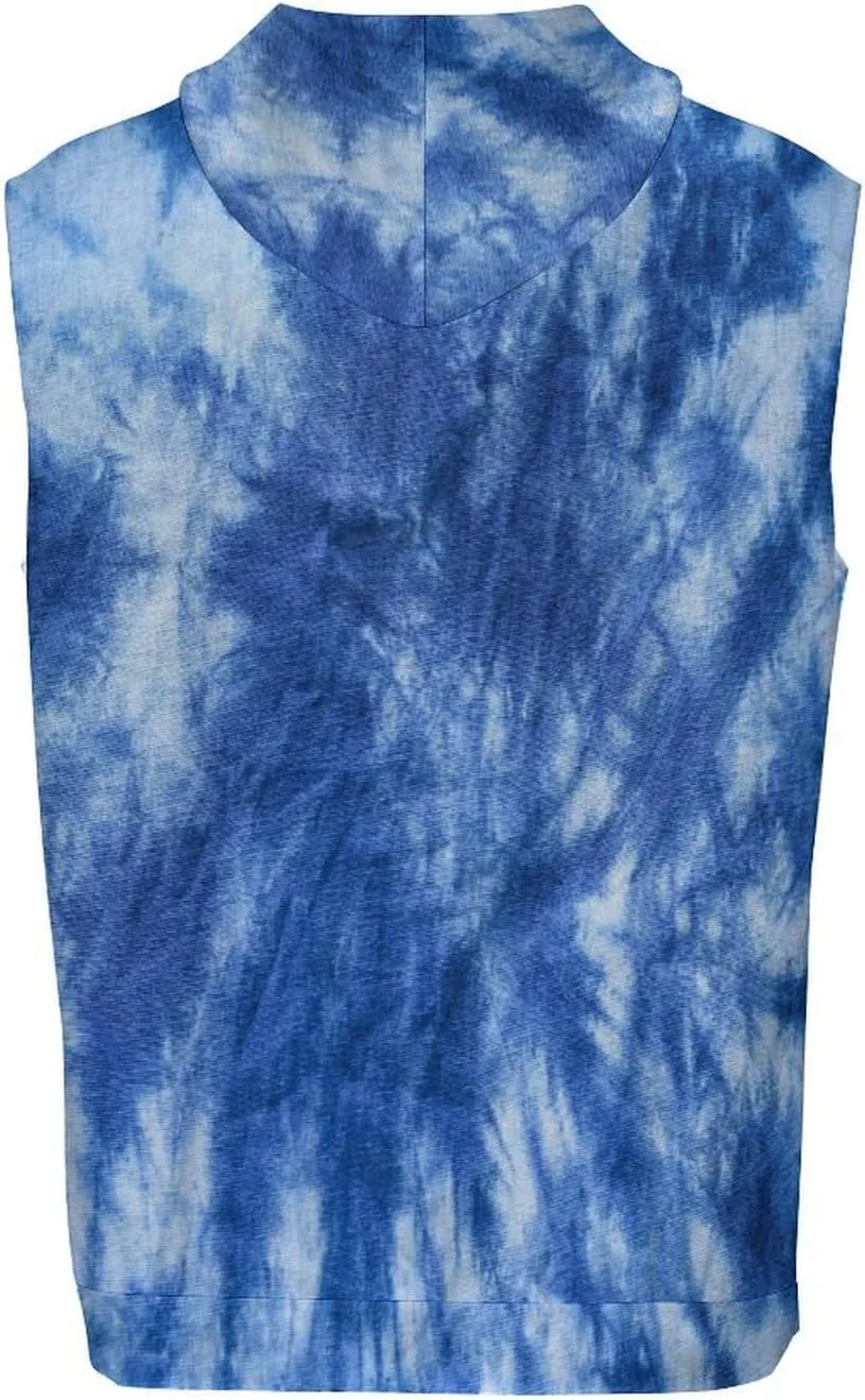 Blue Tie Batik Dye Men's Workout Tank Tops Sleeveless Running Shirts With Hoodie Workout Hooded