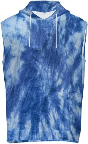 Blue Tie Batik Dye Men's Workout Tank Tops Sleeveless Running Shirts With Hoodie Workout Hooded