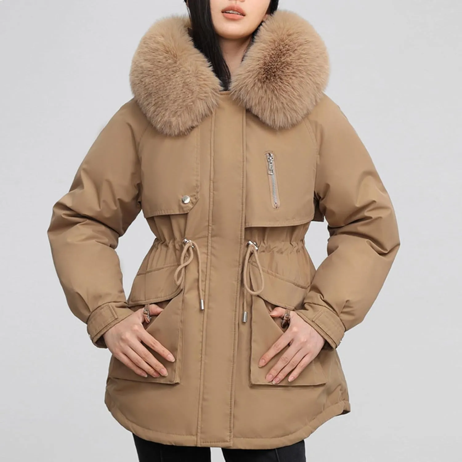 Borniu Women's Winter Puffer Coat Thicken Fleece Lined Down Jacket Faux Fur Hooded Parka Jacket 2024 Fashion Winter Clothes