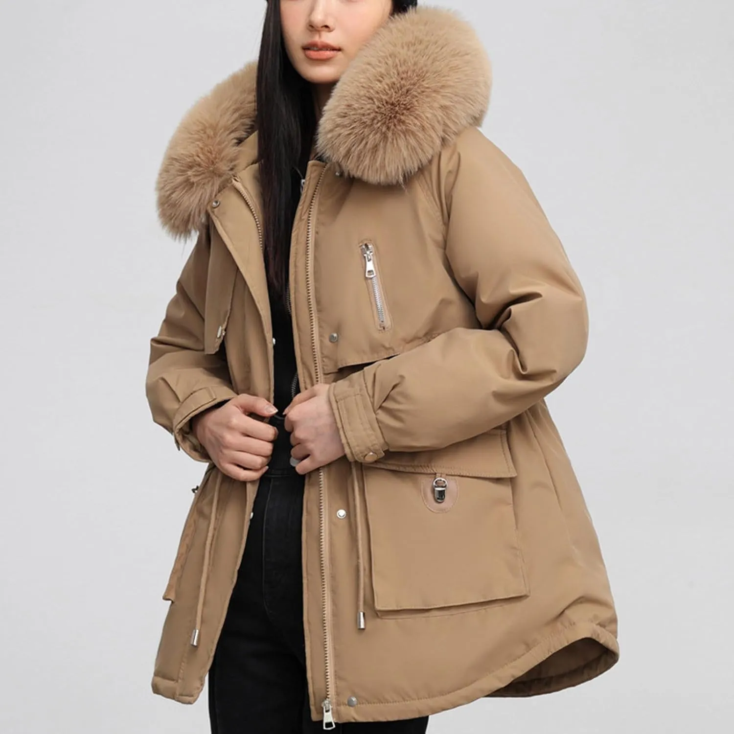 Borniu Women's Winter Puffer Coat Thicken Fleece Lined Down Jacket Faux Fur Hooded Parka Jacket 2024 Fashion Winter Clothes