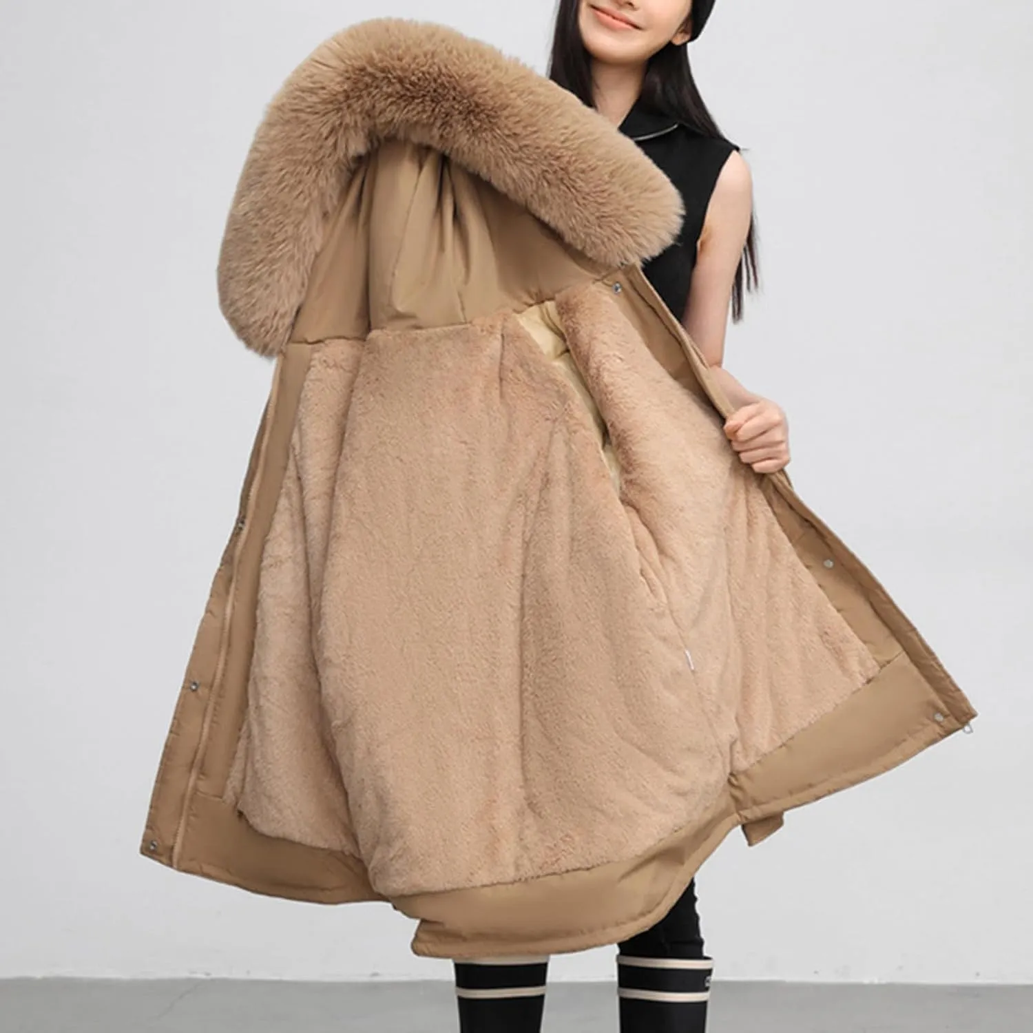 Borniu Women's Winter Puffer Coat Thicken Fleece Lined Down Jacket Faux Fur Hooded Parka Jacket 2024 Fashion Winter Clothes