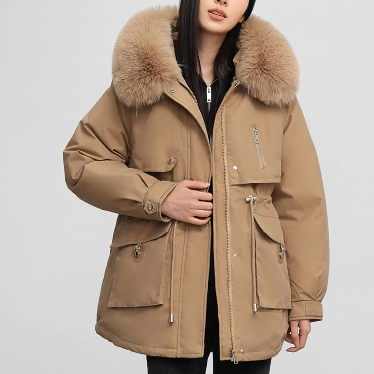 Borniu Women's Winter Puffer Coat Thicken Fleece Lined Down Jacket Faux Fur Hooded Parka Jacket 2024 Fashion Winter Clothes
