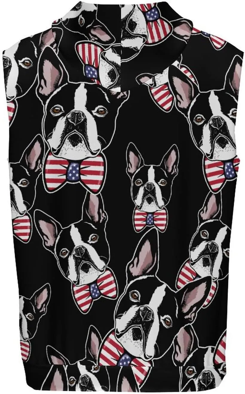 Boston Terrier Head with Bow-tie Men's Workout Tank Tops Sleeveless Running Shirts With Hoodie Workout Hooded