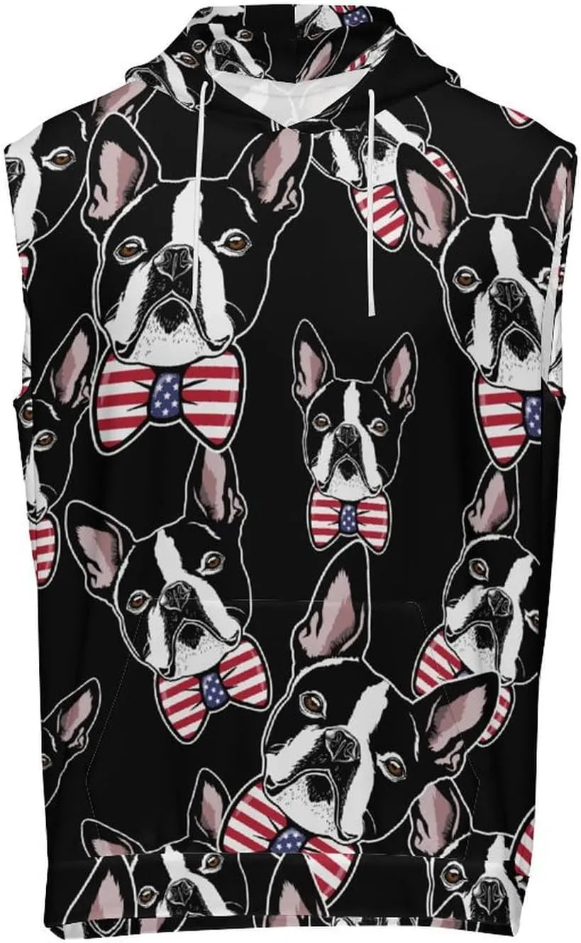 Boston Terrier Head with Bow-tie Men's Workout Tank Tops Sleeveless Running Shirts With Hoodie Workout Hooded