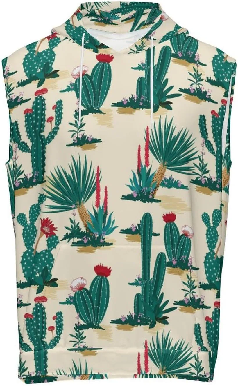 Cactus & Blooming Succulents Flower Men's Workout Tank Tops Sleeveless Running Shirts With Hoodie Workout Hooded