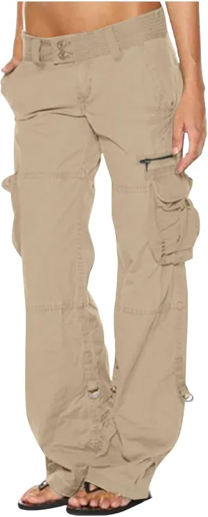 Canbebig High Waisted Cargo Pants Women Baggy Straight Wide Leg Pants Casual Loose Trousers with Multi-Pockets Y2K Streetwear