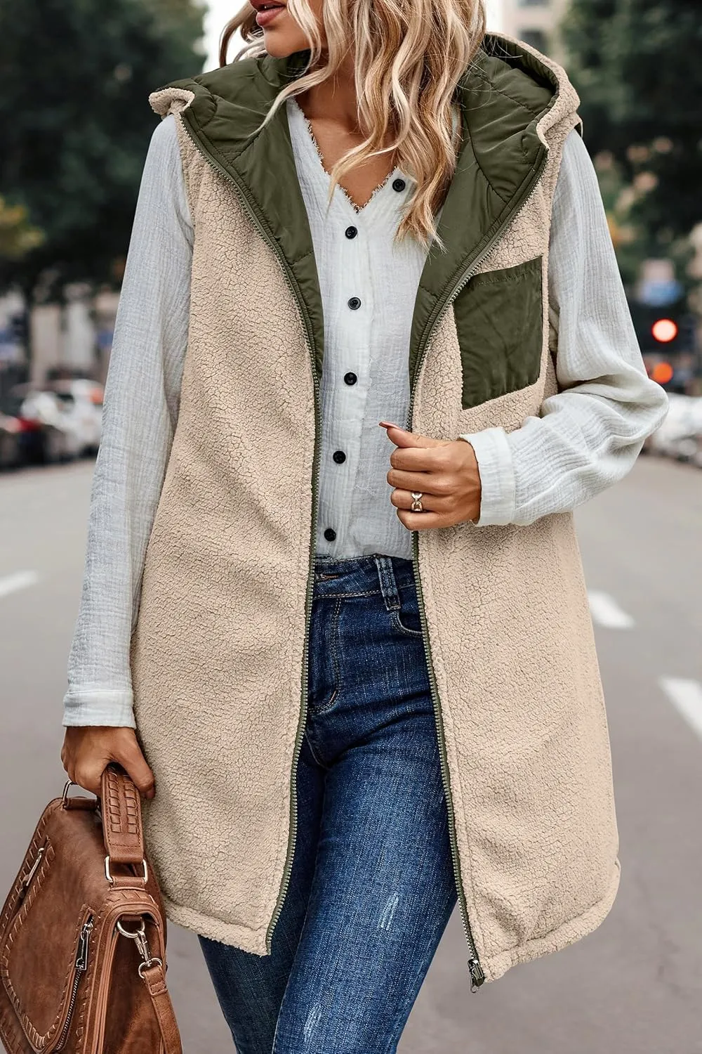 Canbebig Puffer Jacket Womens Long Reversible Down Coat Casual Quilted Jacket Zip Up Puffer Vest Hooded Outwear with Pockets