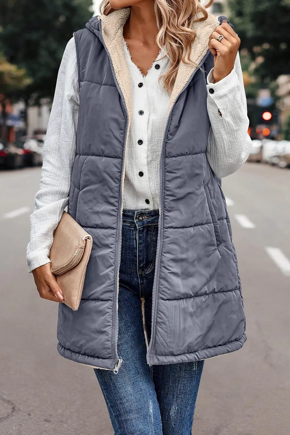 Canbebig Puffer Jacket Womens Long Reversible Down Coat Casual Quilted Jacket Zip Up Puffer Vest Hooded Outwear with Pockets
