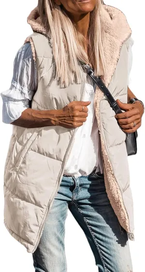 Canbebig Puffer Jacket Womens Long Reversible Down Coat Casual Quilted Jacket Zip Up Puffer Vest Hooded Outwear with Pockets