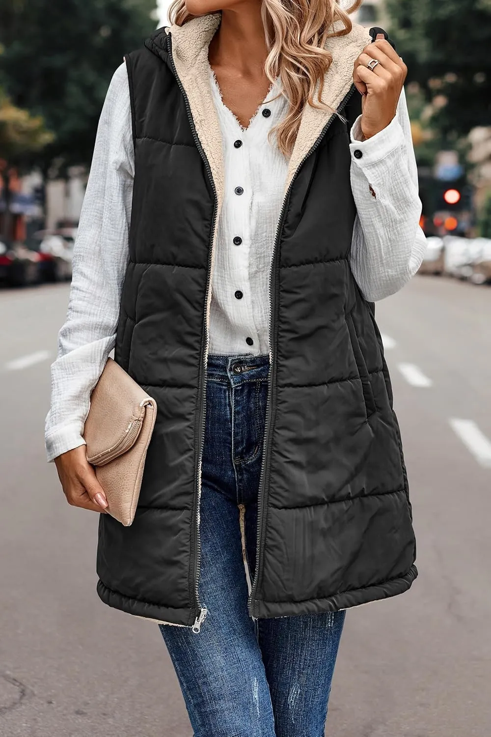 Canbebig Puffer Jacket Womens Long Reversible Down Coat Casual Quilted Jacket Zip Up Puffer Vest Hooded Outwear with Pockets