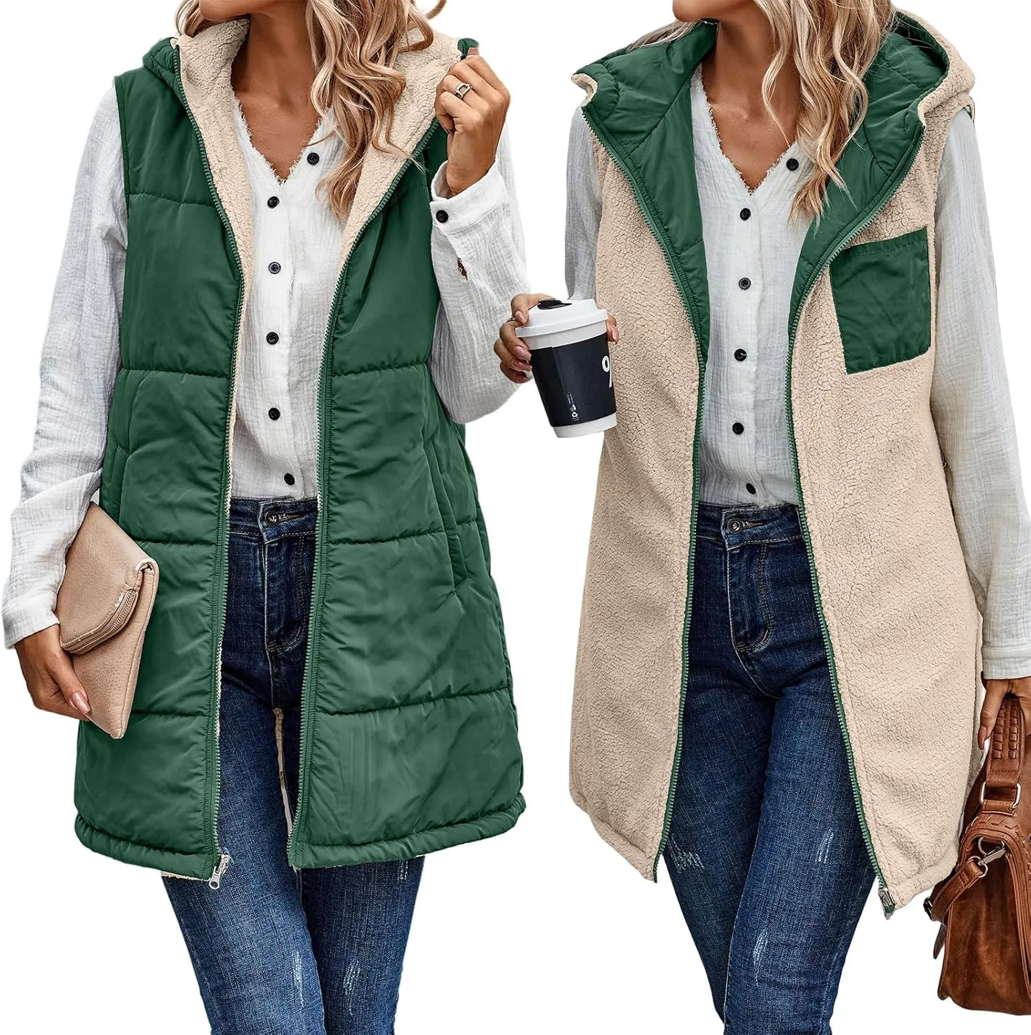 Canbebig Puffer Jacket Womens Long Reversible Down Coat Casual Quilted Jacket Zip Up Puffer Vest Hooded Outwear with Pockets
