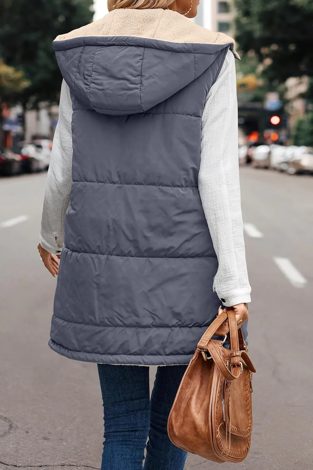 Canbebig Puffer Jacket Womens Long Reversible Down Coat Casual Quilted Jacket Zip Up Puffer Vest Hooded Outwear with Pockets