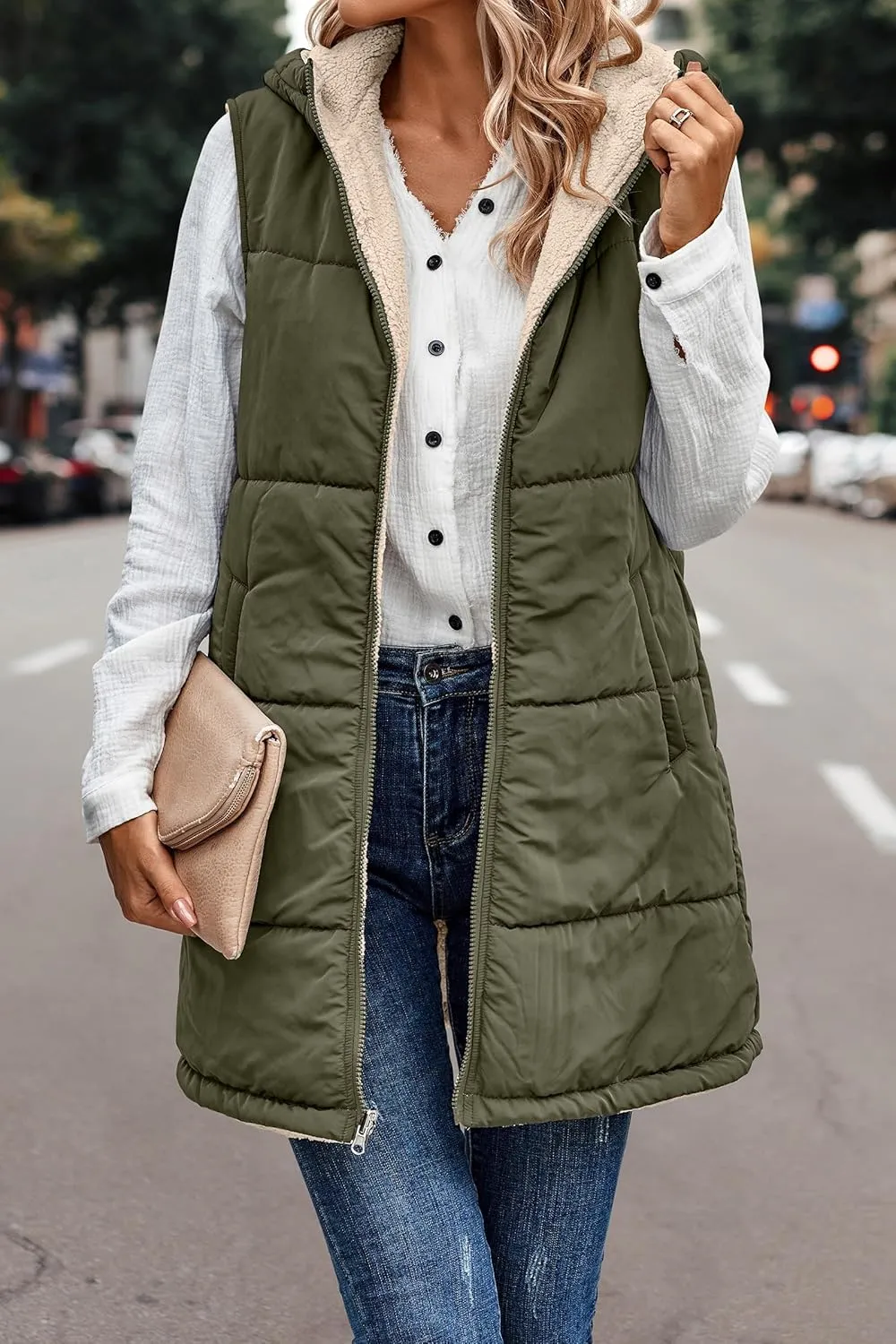 Canbebig Puffer Jacket Womens Long Reversible Down Coat Casual Quilted Jacket Zip Up Puffer Vest Hooded Outwear with Pockets