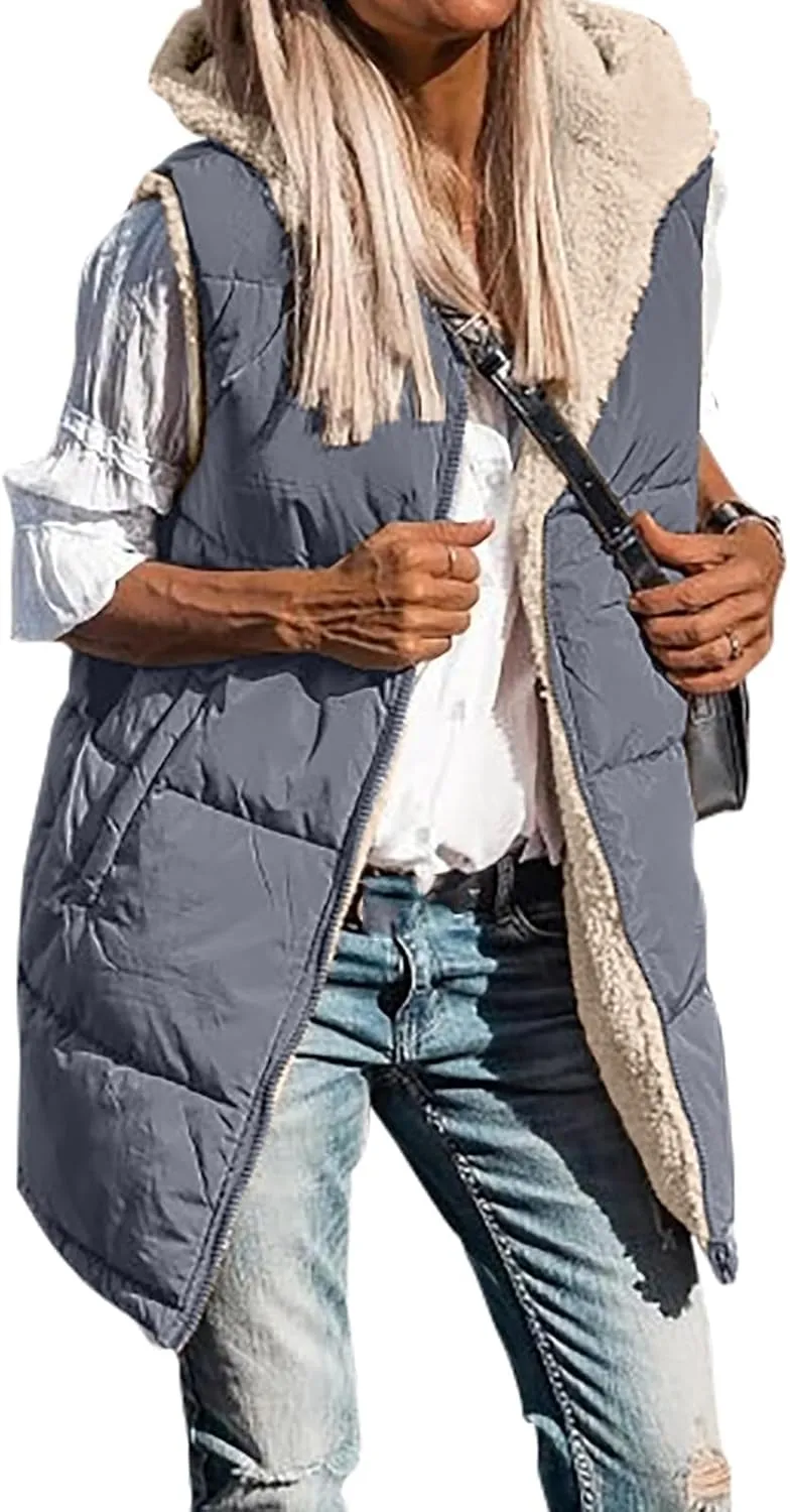 Canbebig Puffer Jacket Womens Long Reversible Down Coat Casual Quilted Jacket Zip Up Puffer Vest Hooded Outwear with Pockets