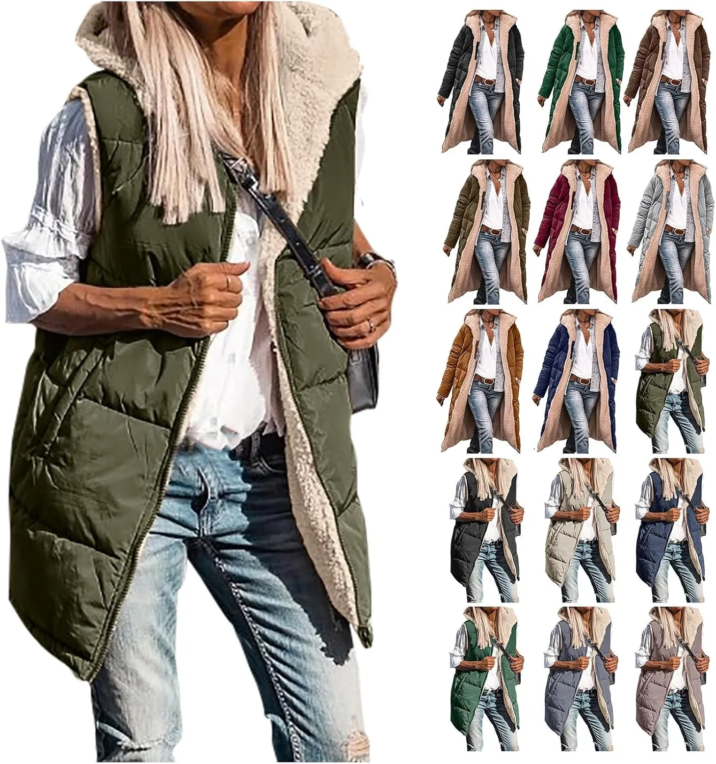 Canbebig Puffer Jacket Womens Long Reversible Down Coat Casual Quilted Jacket Zip Up Puffer Vest Hooded Outwear with Pockets