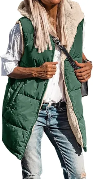 Canbebig Puffer Jacket Womens Long Reversible Down Coat Casual Quilted Jacket Zip Up Puffer Vest Hooded Outwear with Pockets