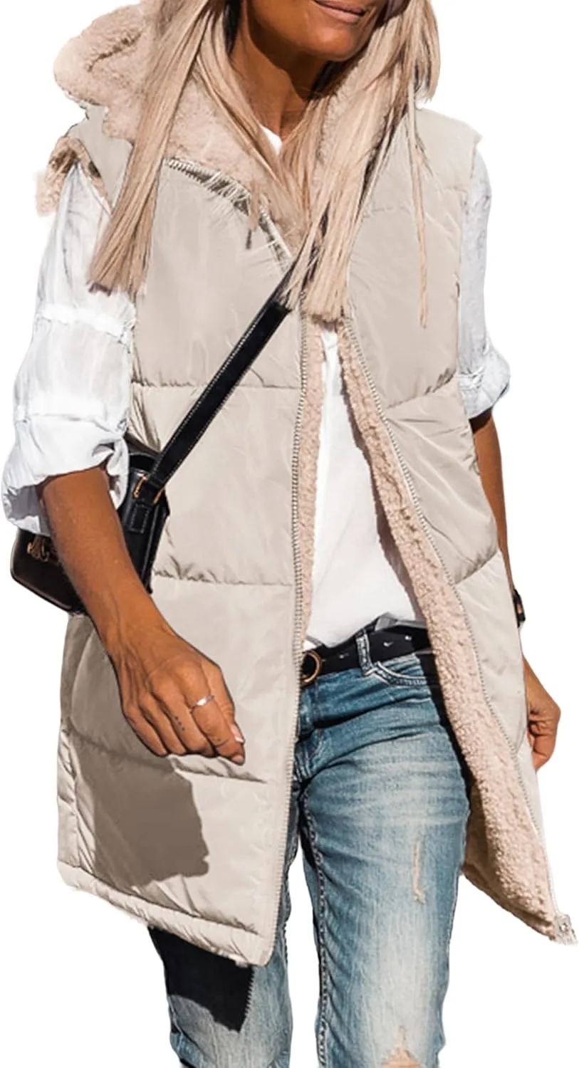 Canbebig Puffer Jacket Womens Long Reversible Down Coat Casual Quilted Jacket Zip Up Puffer Vest Hooded Outwear with Pockets
