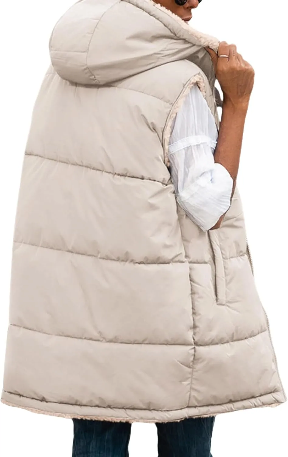 Canbebig Puffer Jacket Womens Long Reversible Down Coat Casual Quilted Jacket Zip Up Puffer Vest Hooded Outwear with Pockets