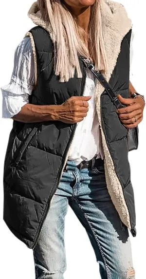 Canbebig Puffer Jacket Womens Long Reversible Down Coat Casual Quilted Jacket Zip Up Puffer Vest Hooded Outwear with Pockets