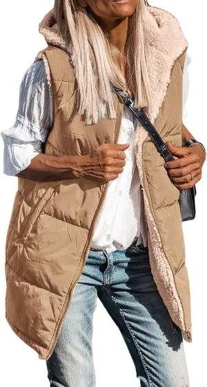 Canbebig Puffer Jacket Womens Long Reversible Down Coat Casual Quilted Jacket Zip Up Puffer Vest Hooded Outwear with Pockets