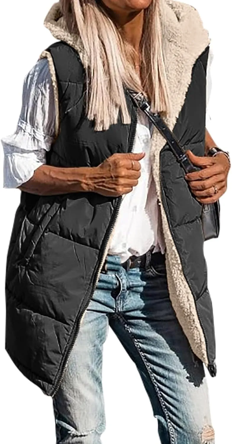 Canbebig Puffer Jacket Womens Long Reversible Down Coat Casual Quilted Jacket Zip Up Puffer Vest Hooded Outwear with Pockets