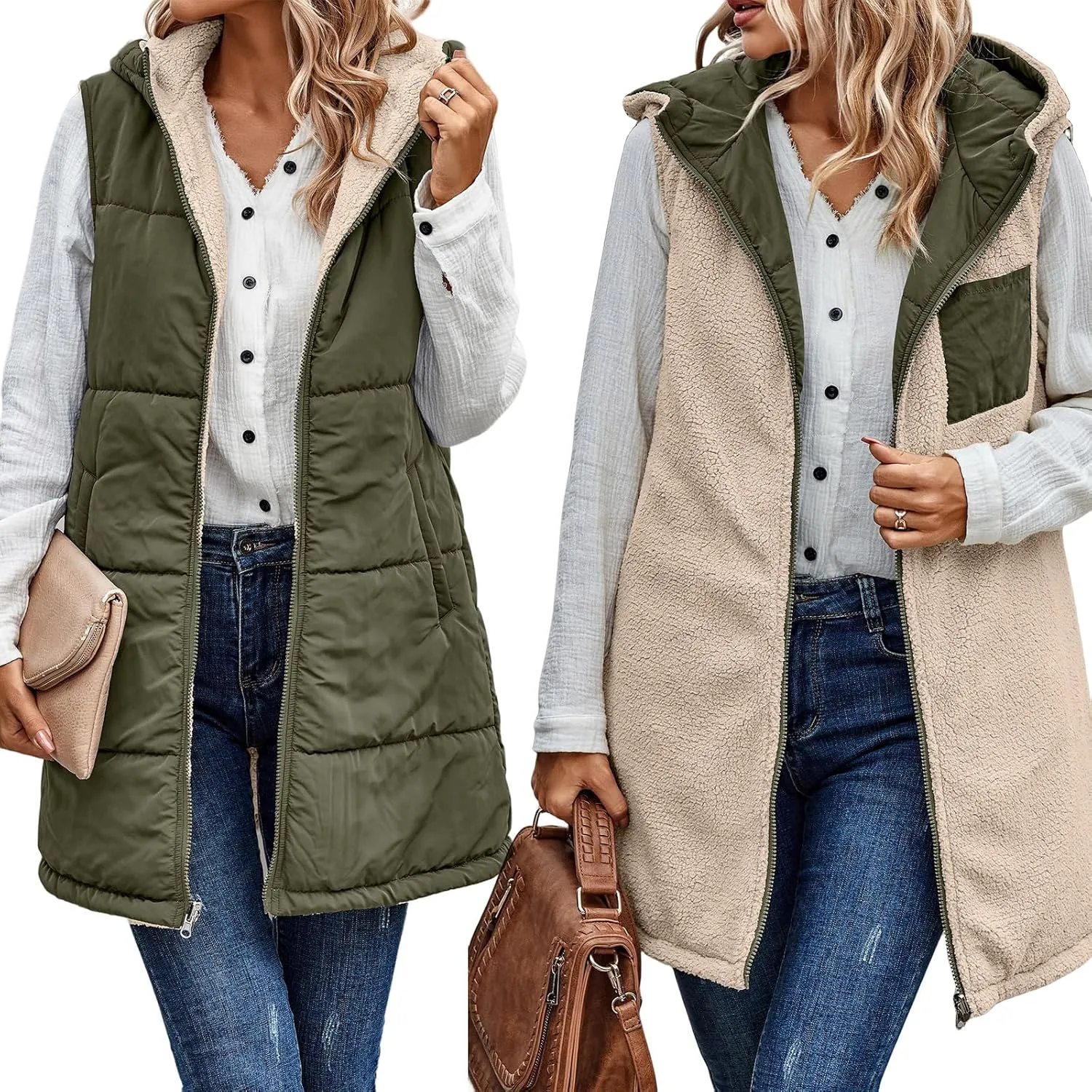 Canbebig Puffer Jacket Womens Long Reversible Down Coat Casual Quilted Jacket Zip Up Puffer Vest Hooded Outwear with Pockets