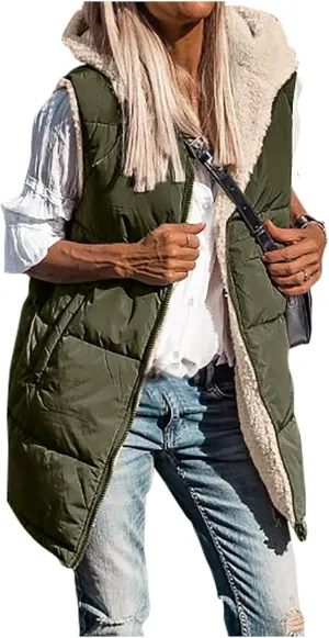 Canbebig Puffer Jacket Womens Long Reversible Down Coat Casual Quilted Jacket Zip Up Puffer Vest Hooded Outwear with Pockets
