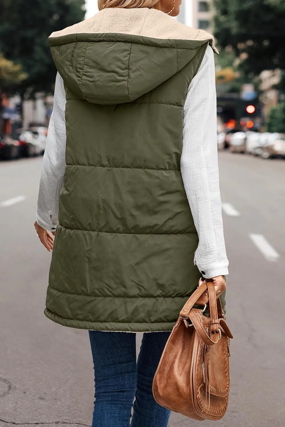 Canbebig Puffer Jacket Womens Long Reversible Down Coat Casual Quilted Jacket Zip Up Puffer Vest Hooded Outwear with Pockets