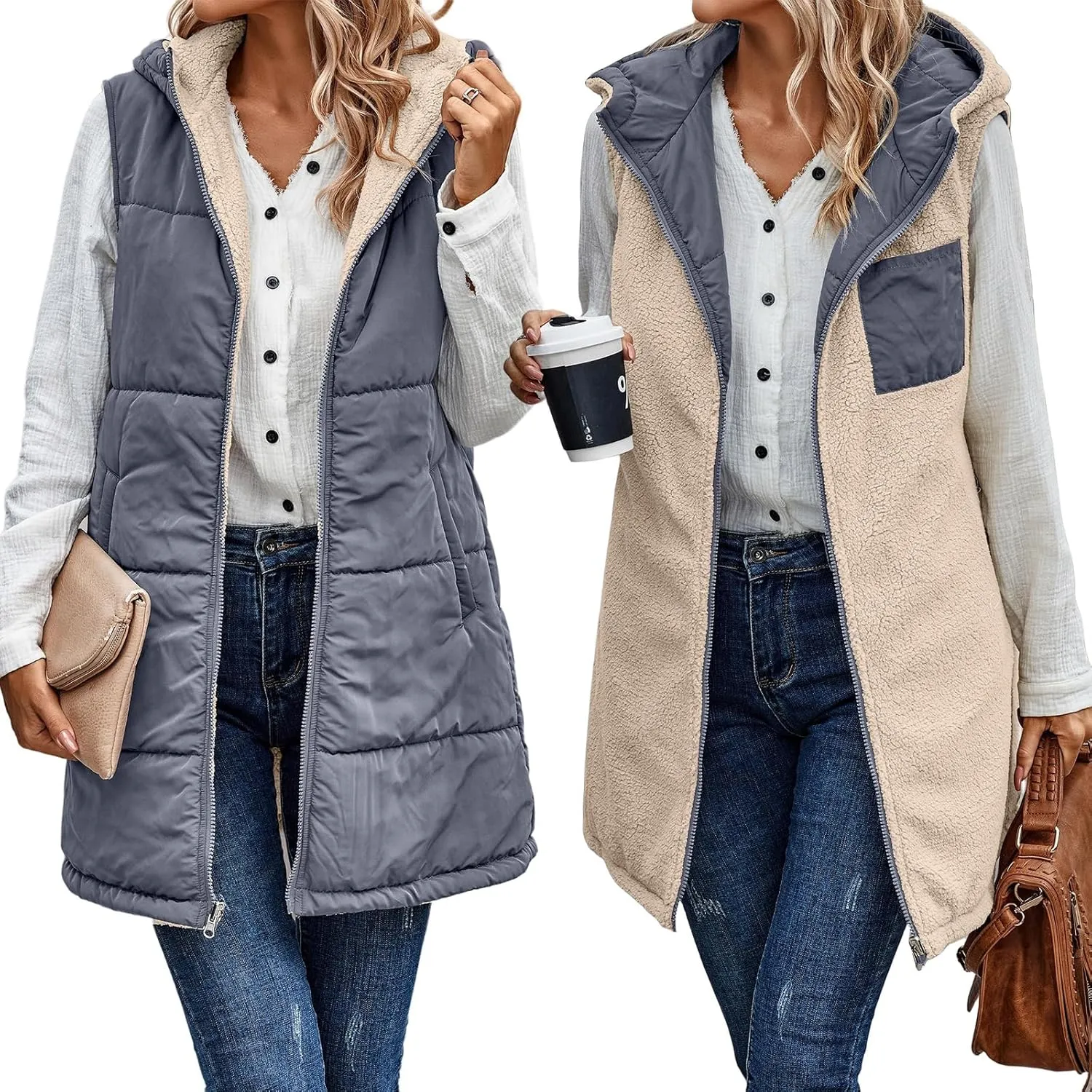 Canbebig Puffer Jacket Womens Long Reversible Down Coat Casual Quilted Jacket Zip Up Puffer Vest Hooded Outwear with Pockets