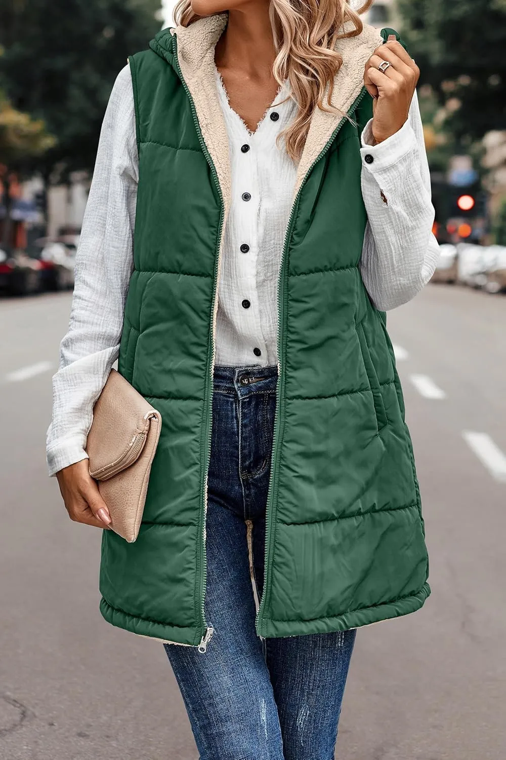 Canbebig Puffer Jacket Womens Long Reversible Down Coat Casual Quilted Jacket Zip Up Puffer Vest Hooded Outwear with Pockets