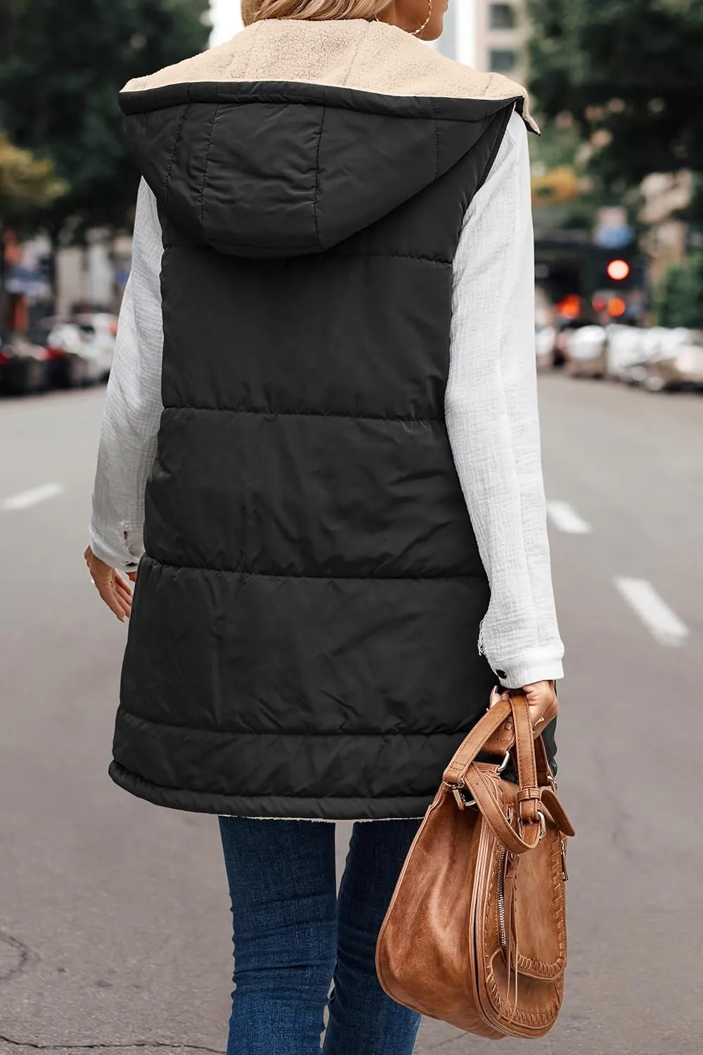 Canbebig Puffer Jacket Womens Long Reversible Down Coat Casual Quilted Jacket Zip Up Puffer Vest Hooded Outwear with Pockets