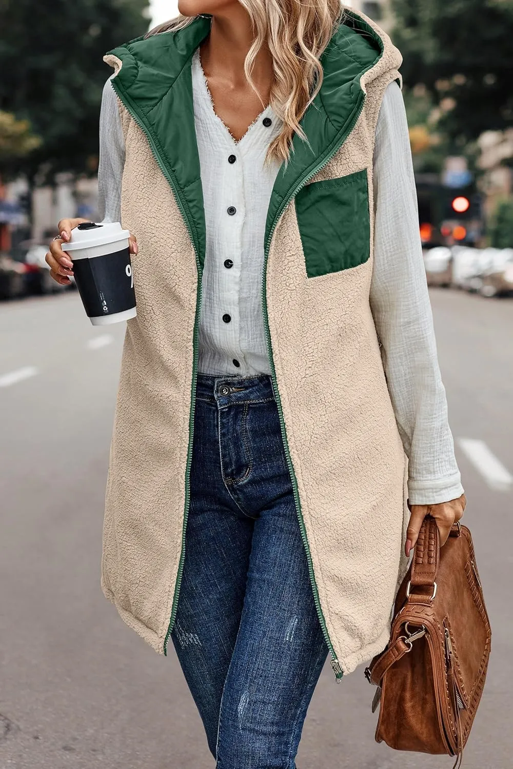 Canbebig Puffer Jacket Womens Long Reversible Down Coat Casual Quilted Jacket Zip Up Puffer Vest Hooded Outwear with Pockets